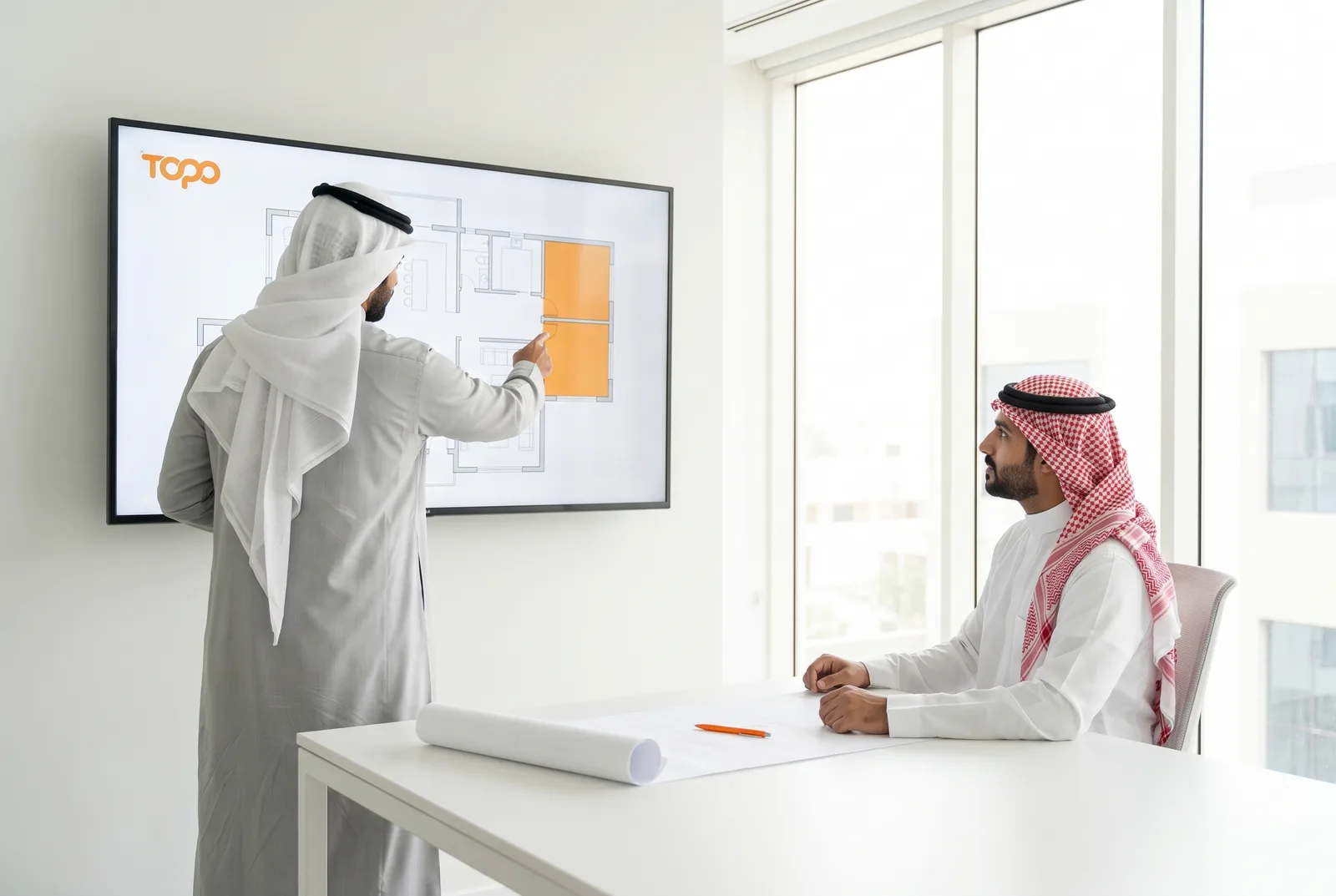 مهندس يعرض على عميله مخططاً بغرف ملوّنة على شاشة